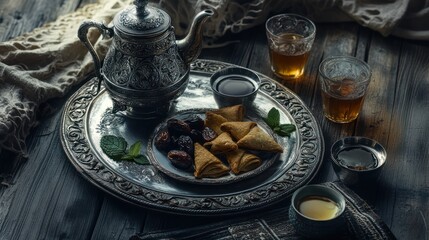 Moroccan traditional mint tea, table with a silver teapot and glasses, hot beverage and a plate of sweets and fruits for a snack, cozy home atmosphere, international dishes, AI generated