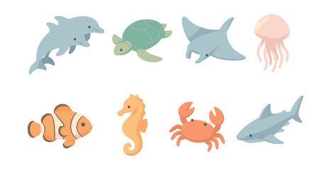 Marine life icons set – dolphin, turtle, stingray, jellyfish, clownfish, seahorse, crab, shark