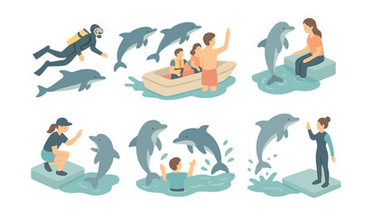 Dolphin interaction icons set &ndash; swimming, diving, boat, trainer, dolphin, water, family, training