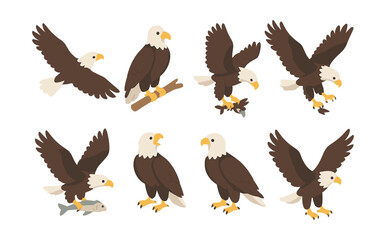 Fototapeta premium Majestic eagle icons set – flight, perch, fish, hunting, soaring, branch, wings, bird, freedom, nature