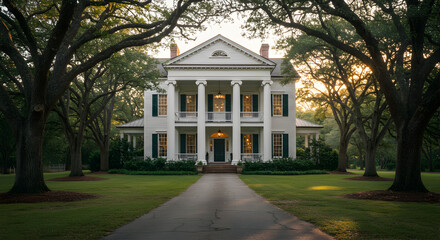 Obraz premium Southern Plantation Home With Columns Amidst Ancient Majestic Trees