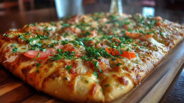 Delicious rectangular pizza topped with fresh herbs and tomatoes served on a wooden board in a cozy restaurant