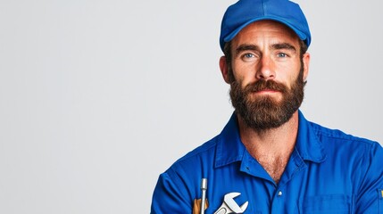 Naklejka premium Portrait of a Mechanic in Blue Work Uniform with Tools and Serious Expression Against Neutral Background