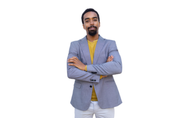 Confident businessman crossing arms, displaying professional demeanor against clean isolated background