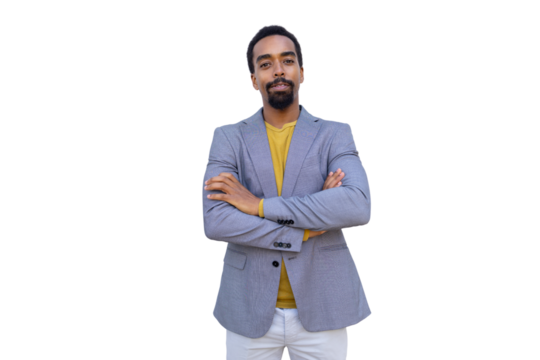 Confident businessman crossing arms, displaying professional demeanor against clean isolated background