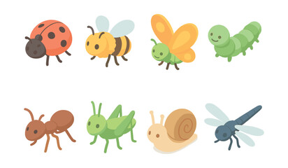 Cute insect icons set &ndash; ladybug, bee, butterfly, caterpillar, ant, grasshopper, snail, dragonfly