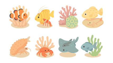 Fototapeta premium Marine life icons set – fish, coral, shrimp, stingray, seaweed