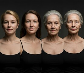 Aging process of a woman, showing different stages of life, from young to old, concept of beauty, skincare, and time.