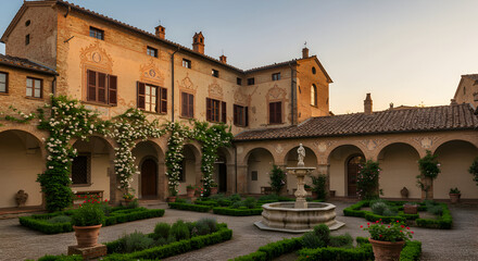 Obraz premium Charming Italian Villa Courtyard With Fountain And Lush Garden Design