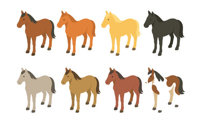 Obraz premium Adorable horse icons set – brown, black, palomino, chestnut, bay, paint, isometric