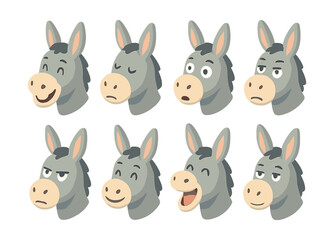 Fototapeta premium Donkey facial expressions icons set – happy, sad, curious, sleepy, surprised, angry, content, confused