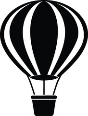 A black silhouette of a classic hot air balloon with a basket vector illustration on transparent background.
