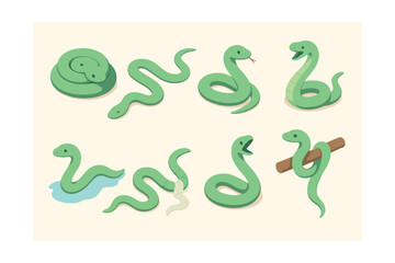 Obraz premium Snake icons set – coiled, slithering, hissing, swimming, shedding, stick, cartoon, green, reptile, cute