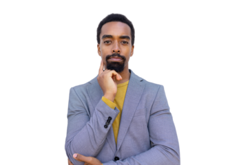Confident businessman in suit is touching his chin with hand on a transparent background