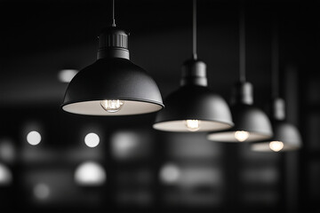 Black-and-white photo of industrial-style pendant lights with ribbed metallic details, casting a subtle glow in a dark interior. Shot from a side angle, emphasizing sleek, modern design and texture.