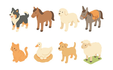 Farm and domestic animals icons set – dog, cat, horse, sheep, duck