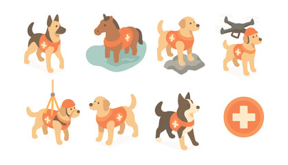 Rescue animal icons set – dogs, horse, drone, lifesaver, harness