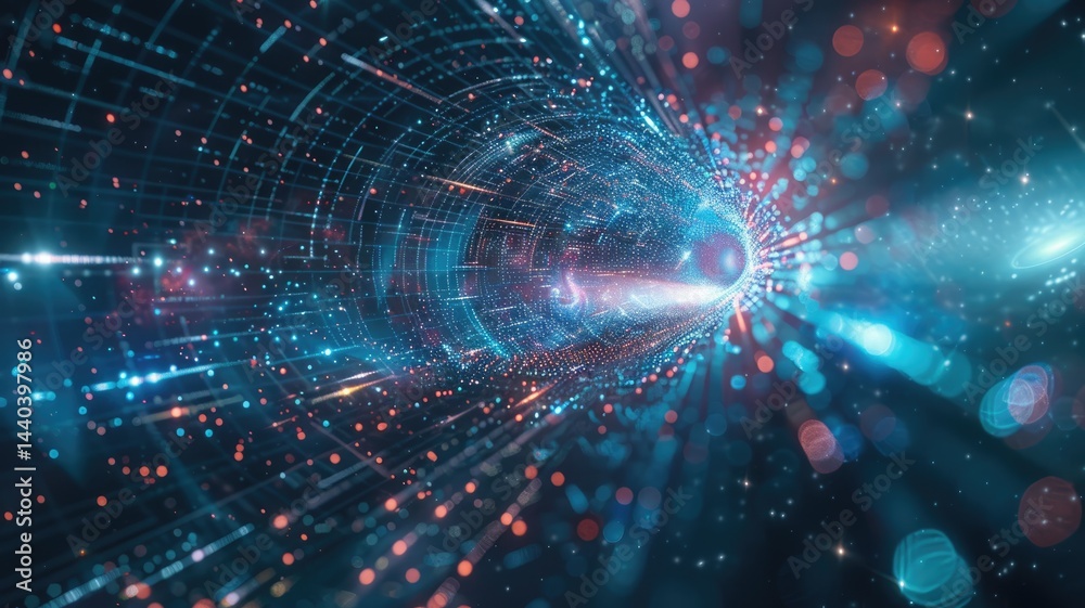 Poster abstract art of digital network with glowing nodes and colorful lights. digital artwork of glowing n
