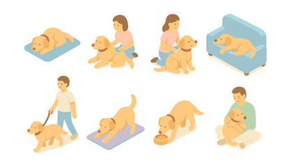 Fototapeta premium Dog care activity icons set – walking, feeding, playing, grooming, resting