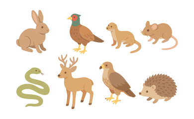 Woodland animal icons set – rabbit, pheasant, weasel, mouse, snake, deer, hawk, hedgehog