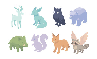 Naklejka premium Enchanted forest animal icons set – deer, fox, owl, bear, boar, squirrel, cat, raccoon