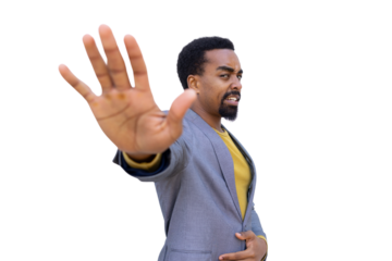 Serious businessman showing stop gesture with hand on transparent background