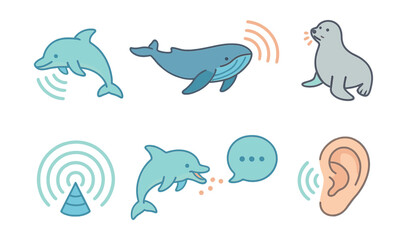 Naklejka premium Marine communication icons set – dolphin, whale, seal, sonar, speech bubble, ear, sound waves