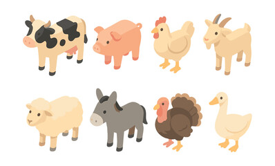 Farm animal icons set &ndash; cow, pig, chicken, goat, sheep, donkey, turkey, duck
