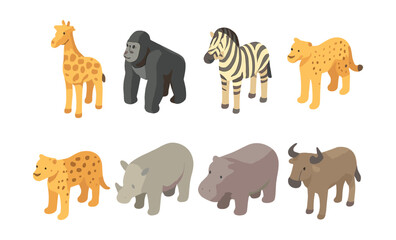 Obraz premium Wildlife icons set – giraffe, gorilla, zebra, cheetah, rhino, hippo, wildebeest
