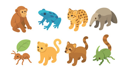 Jungle animals icons set &ndash; monkey, frog, jaguar, anteater, ant, lemur, kinkajou, insect
