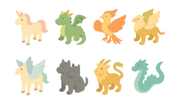 Mythical creatures icon set &ndash; unicorn, dragon, phoenix, griffin, pegasus, chimera, serpent