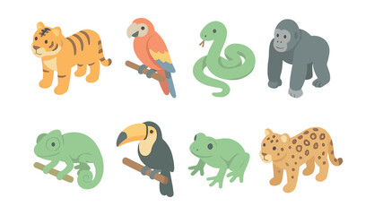 Fototapeta premium Jungle animals icons set – tiger, parrot, snake, gorilla, chameleon, toucan, frog, leopard
