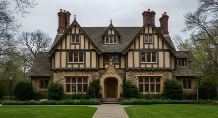 Impressive Tudor Style House With Lush Green Lawn And Stone Walkway