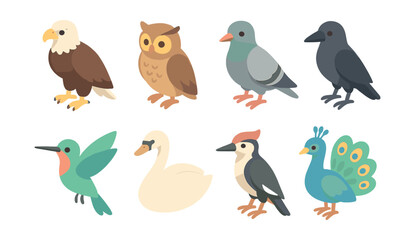 Fototapeta premium Bird icons set – eagle, owl, pigeon, crow, hummingbird, swan, woodpecker, peacock