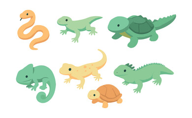 Fototapeta premium Reptile icons set – snake, lizard, turtle, chameleon, iguana, gecko, tortoise