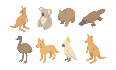 Fototapeta premium Australian wildlife icons set – kangaroo, koala, dingo, platypus, wombat, cockatoo, emu