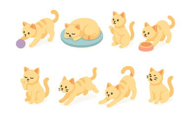 Adorable cat activities icons set – playing, sleeping, eating, stretching, sitting
