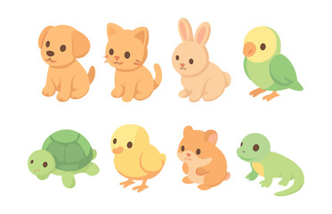 Cute animal icons set &ndash; dog, cat, rabbit, parrot, turtle, chick, hamster, lizard