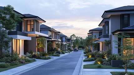 Contemporary suburban houses in varied tones with gardens and evening light