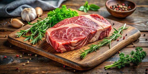 A succulent marbled ribeye steak lies cut on a wooden cutting board, with a few fresh herbs scattered around it, showcasing its rich texture and vibrant colors , kitchen, board