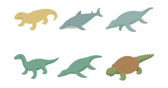 Prehistoric animal icons set &ndash; dinosaur, reptile, marine, turtle, fossil