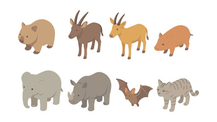 Animal icons set – wombat, antelope, goat, pig, elephant, rhino, bat, tiger