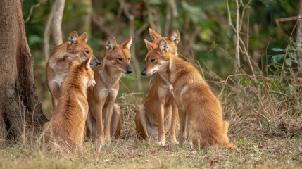 Obraz premium Dhole Pack Huddle: Indian Wild Dogs in Forest Clearing