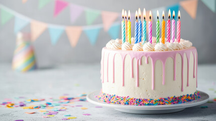 Birthday pastel cake with rainbow candles and bunting, perfect for birthday celebrations and joyful moments,