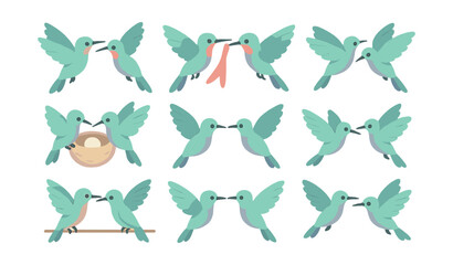 Fototapeta premium Hummingbird interaction icons set – love, nest, wings, pair, flight, branch, affection, embrace, nature, harmony