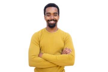 Confident young man standing with crossed arms, radiating positive energy against clean white backdrop