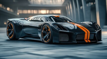 Fototapeta premium Sleek Black Sports Car with Orange Stripes in Modern Garage