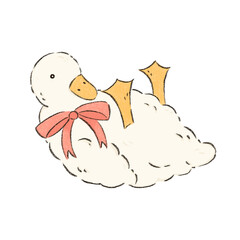 Pencil colored cute duck with bow lying on its back with tiny feet in the air isolated on white background. Farm easter goose bird. Hand drawn duckling baby animal illustration