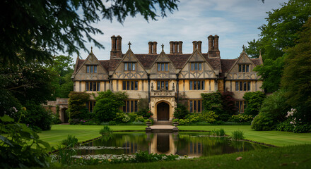 Fototapeta premium Grand Estate Reflected In Pond Surrounded By Lush Greenery In England