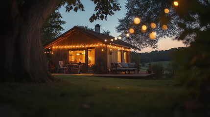 Cozy countryside rental with hanging fairy lights, creating warm and inviting atmosphere